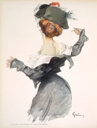 Cartoon van een vrouw die een gehaaste striptease uitvoert tijdens de Eerste Wereldoorlog, uit 